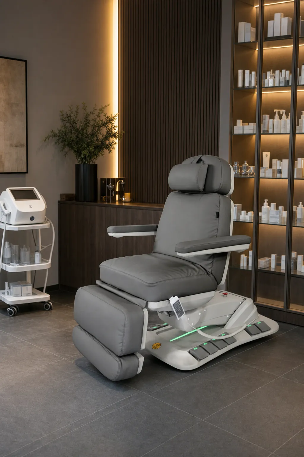 Fotel NIKO F Plus w ciemnym salonie premium z podświetlanymi witrynami