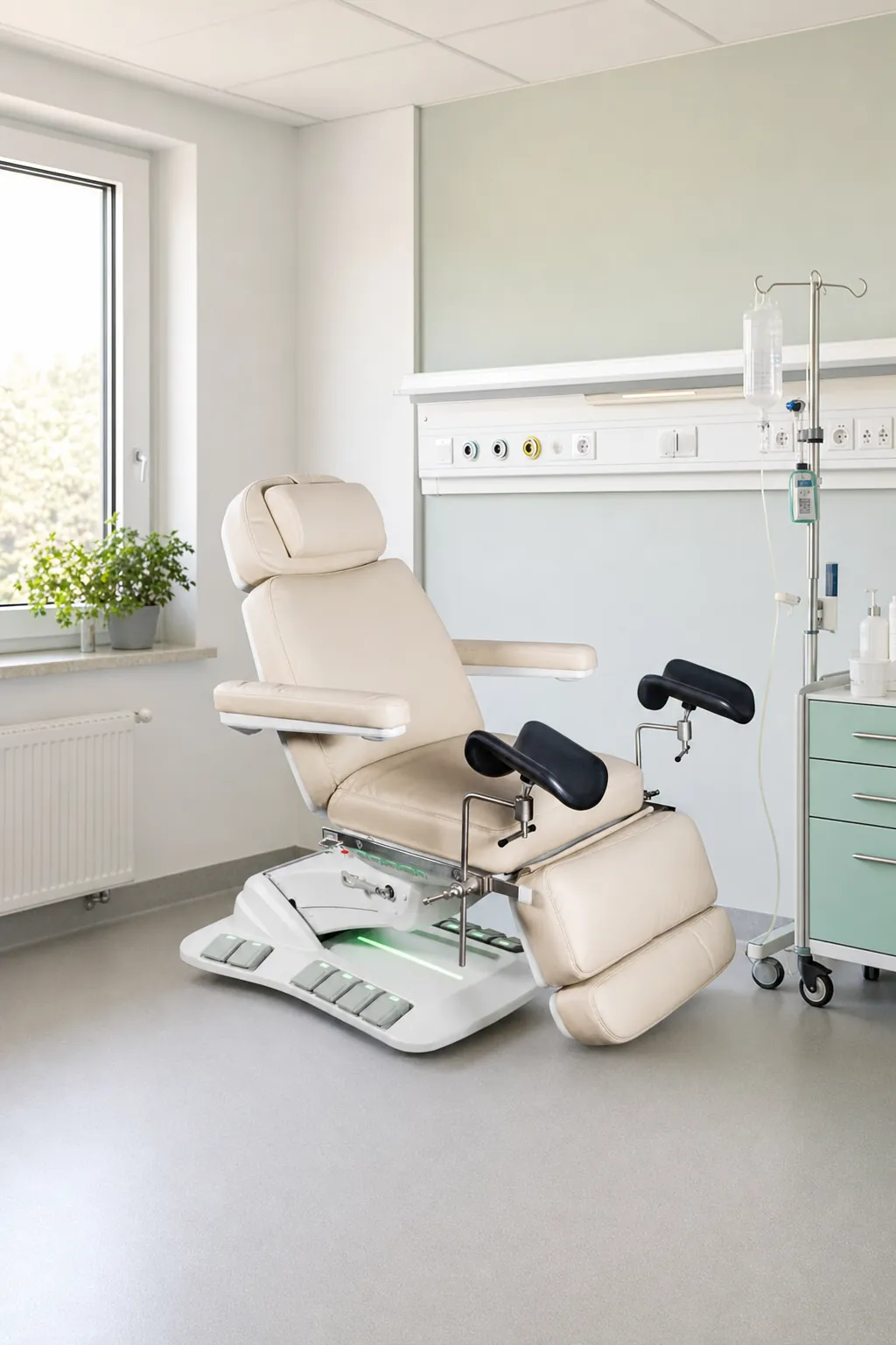 Fotel NIKO GF Plus w sali ambulatoryjnej z panelem medycznym i kroplówką